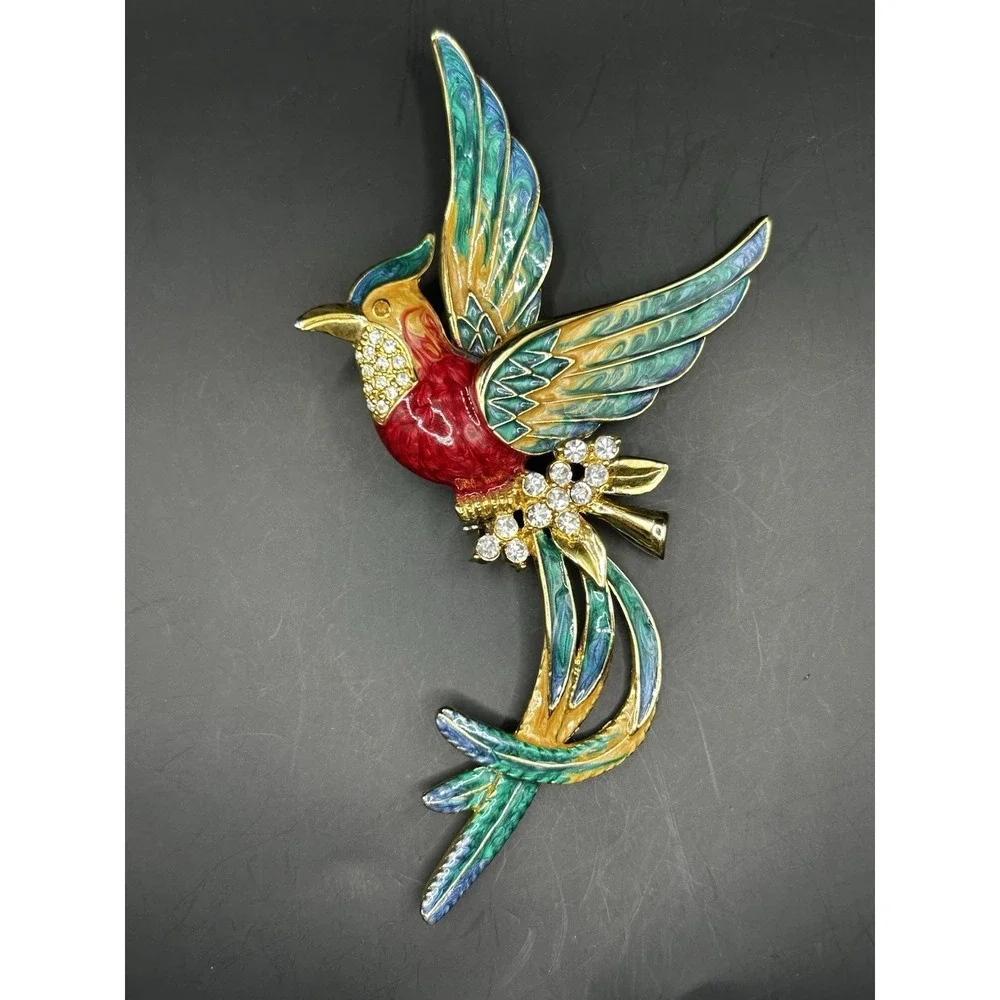 Vintage XLarge Enamel Exotic Bird Brooch Rhinestone Tropical Parrot Pin